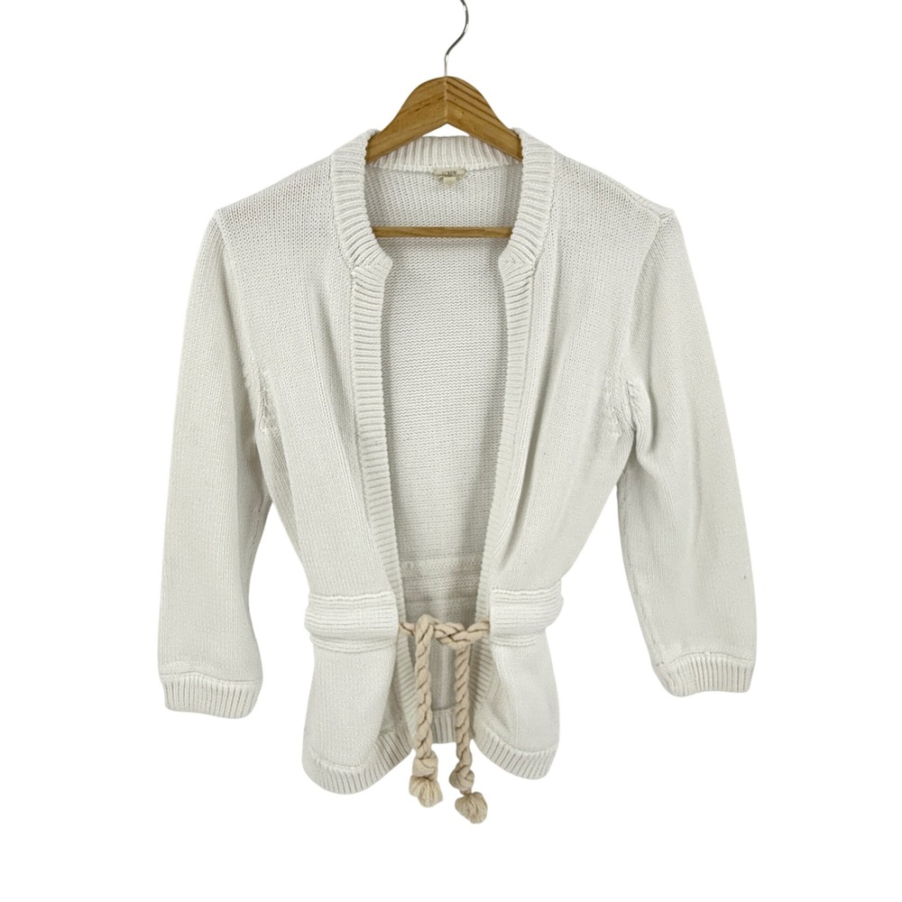 J. Crew Cardigan Sweater White Medium Rope Belt Cotton Knit Coastal Preppy